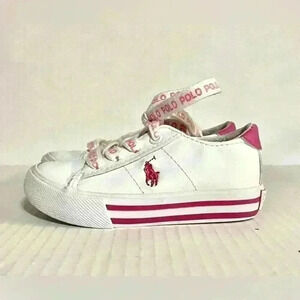 Polo Ralph Lauren Little Girls Size 6 White with Pink Sneakers Lace Up Shoes